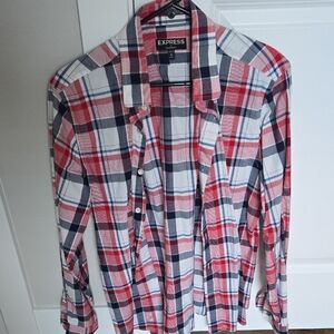 Express Men’s Red, White & Navy Plaid Button-Down Shirt